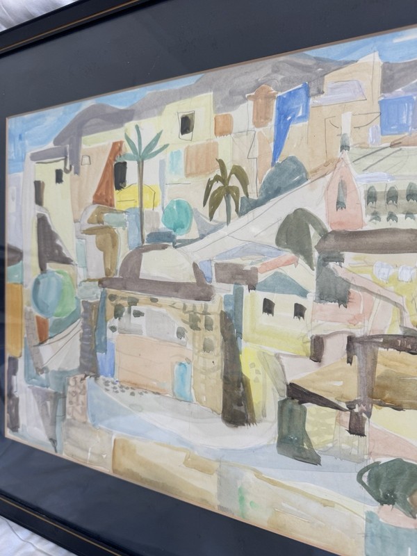ORIGINAL ART WATERCOLOR MIDDLE EASTERN VILLAGE EXPRESSIONIST FRAMED IN GLASS gallery