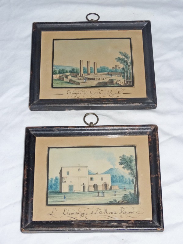 Set 2 19th Century Italian Miniature Watercolor Painting Vesuvius Pozzuoli Italy