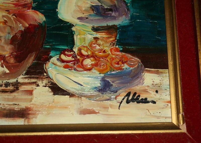 Oil On Canvas, Signed, Still Life, Dresser, Lamp & Jar, 13 3/8" by 17 3/8" H gallery