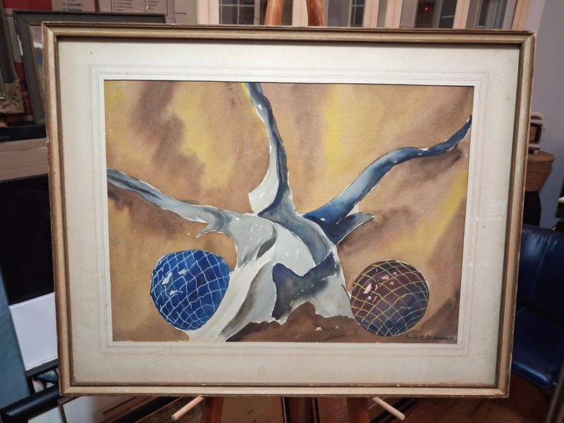 Vintage 1957 MCM abstract watercolor painting, 29″x23″