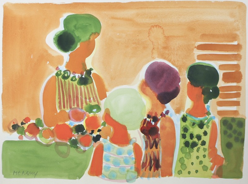 «Woman With Children» By Frederic Menguy Signed Unique Watercolor on Paper 16×21