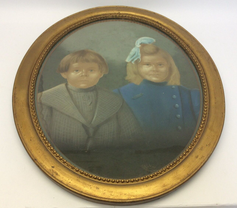 Vintage Pastel Portrait of Young Siblings – Oval Wood Framed Wall Art Painting