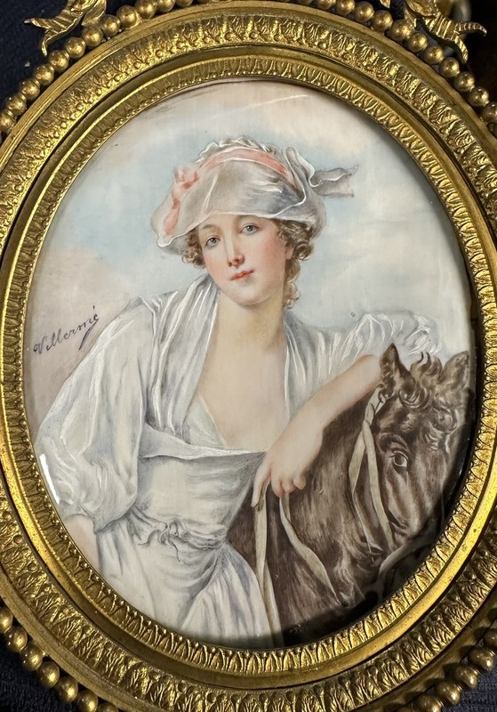 Antique French Miniature Portrait Painting After Jean-Baptiste Greuze Milkmaid