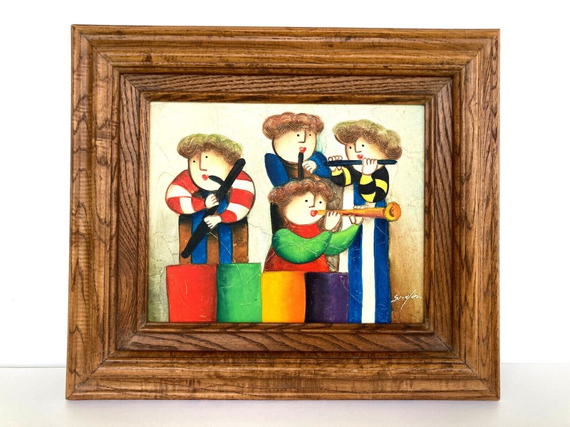 J. Roybal Whimsical Young Orchestra Oil Painting Framed Canvas VTG 20th Century