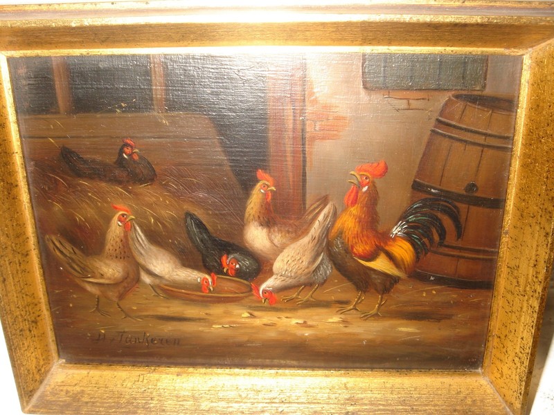 Antique oil painting, 1. { H. van Tankeren (1900 - 1980), Rooster with chickens. gallery