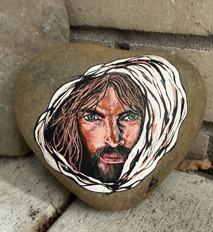 Jesus Art Hand Painted On A Large Rustic Rock Approx 7“ X 6“ X 2“