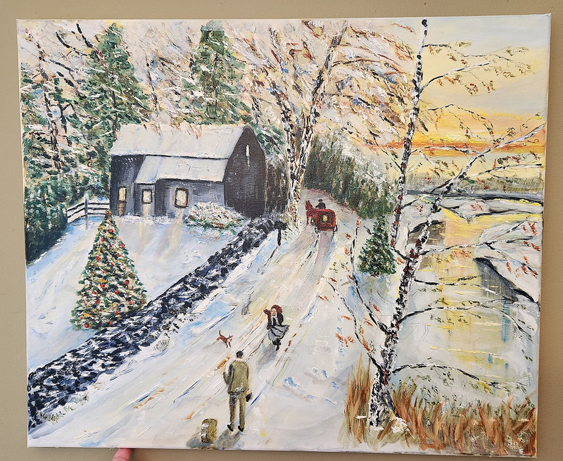 24 x 20 OIL ON CANVAS WALL DECOR~COUNTRY HOME~WINTER~HOLIDAY~SNOW~HORSE CARRIAGE