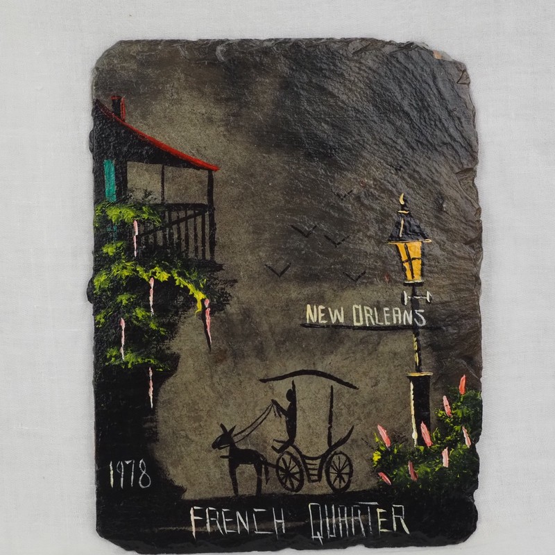1978 VIEUX CARRE Primitive New Orleans French Quarter Folk Art Slate Painting