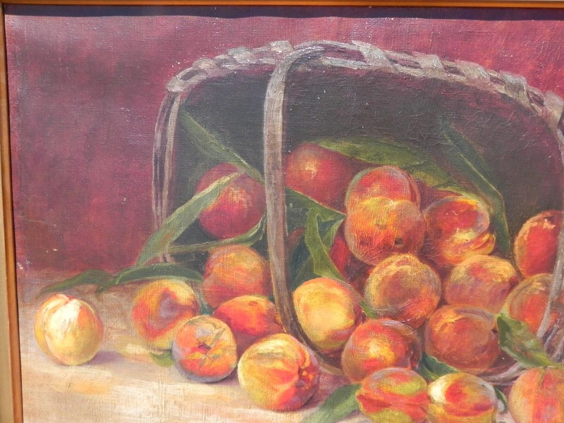 American antique still life painting summer peaches & basket by Mary Clark 1890s gallery
