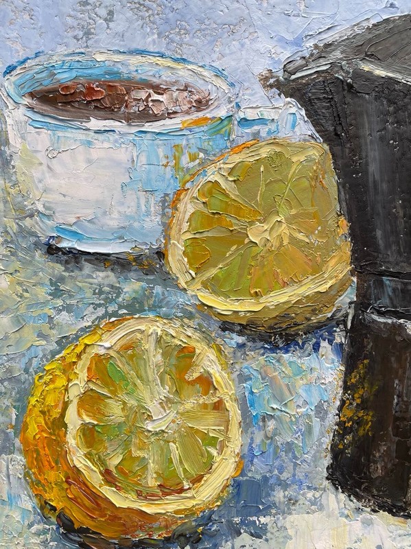 Original oil painting Morning coffee with lemon Hand painted art Kitchen decor gallery