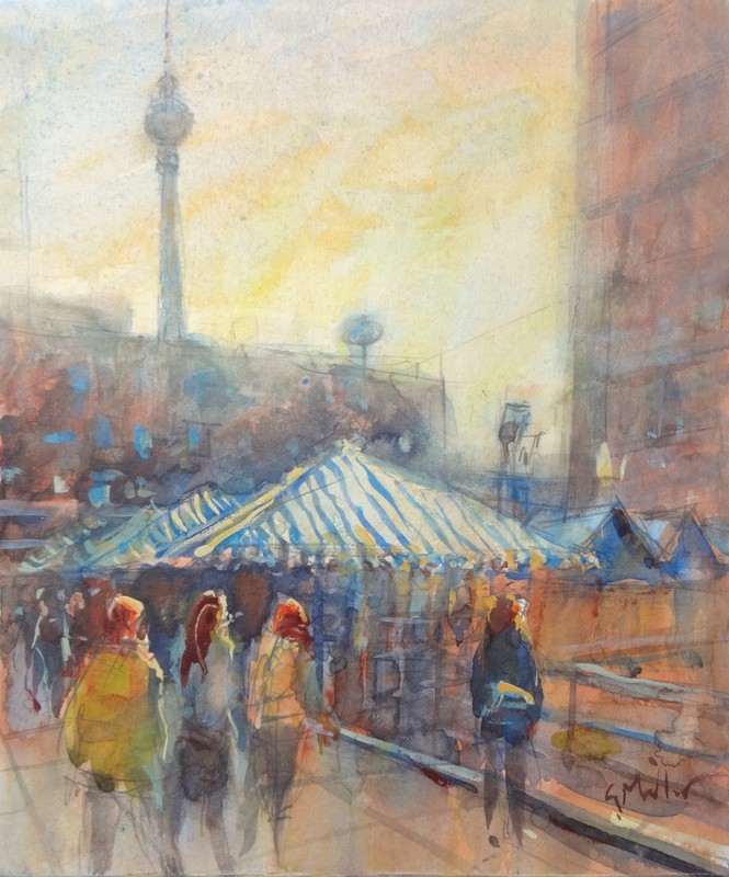 GERRY MILLER – «Berlin Market». Watercolour painting on paper. 23x27cm