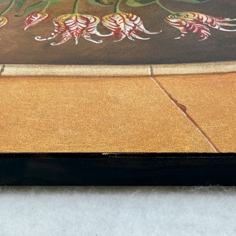 Stunning Trompe L’oeil Wood Panel Still Life – Parrot Tulips in Chinoiserie Bowl gallery