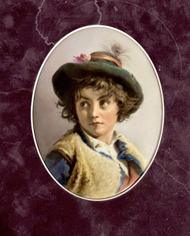 FRANZ TILL DRESDEN ANTIQUE HAND PAINTED PORCELAIN PLAQUE OF BOY 7 1/4IN. gallery