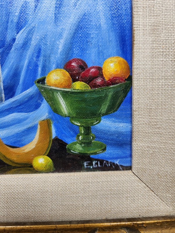 Framed Oil Painting Fruit Still Life E. Clark Fruit Bowl Jar Wood Frame gallery