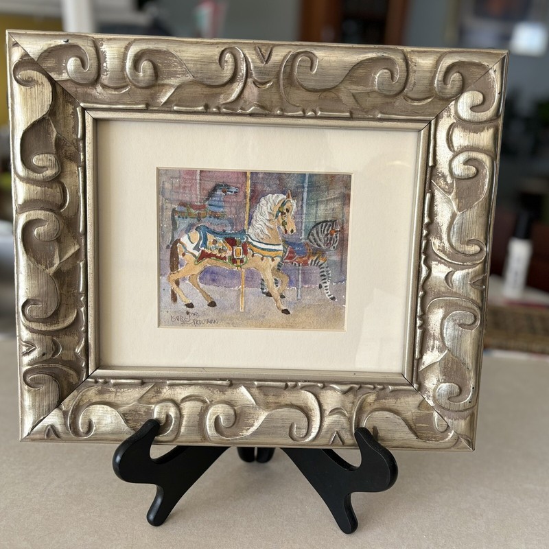 Original Watercolor Carousel Horse Original Painting Signed Chunky Frame Matted gallery