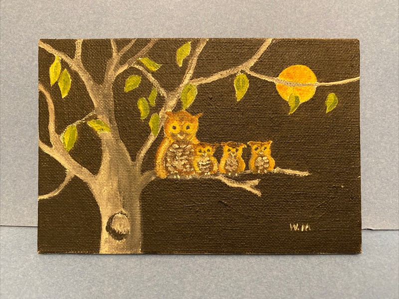 4×6 Owl Family At Night ~ Original Oil painting Art, Full Moon, Halloween