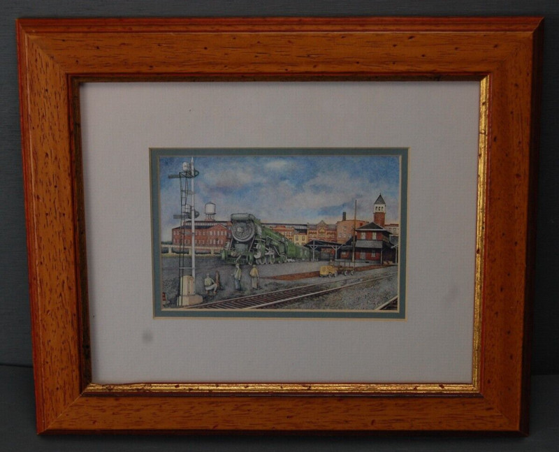 Framed and Matted Train Painting with Green Locomotive and Train Station 8 x 12