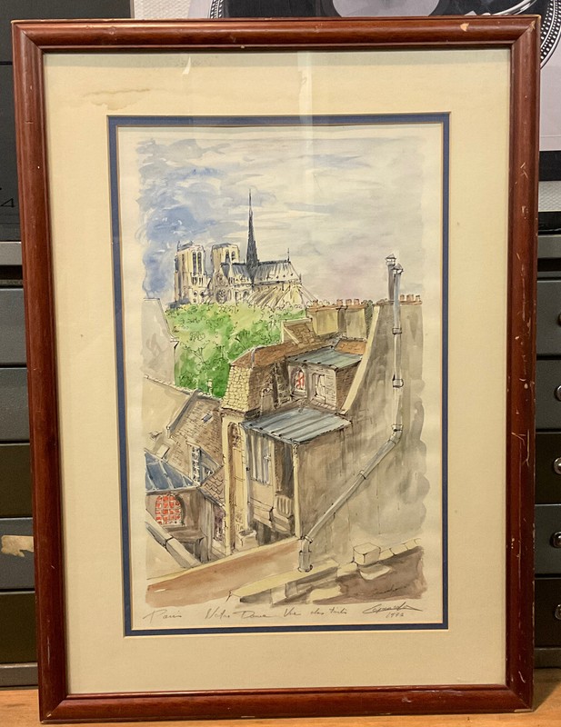 Vintage Notre Dame Original Signed Watercolor & Ink Painting 17 x 23 Inches
