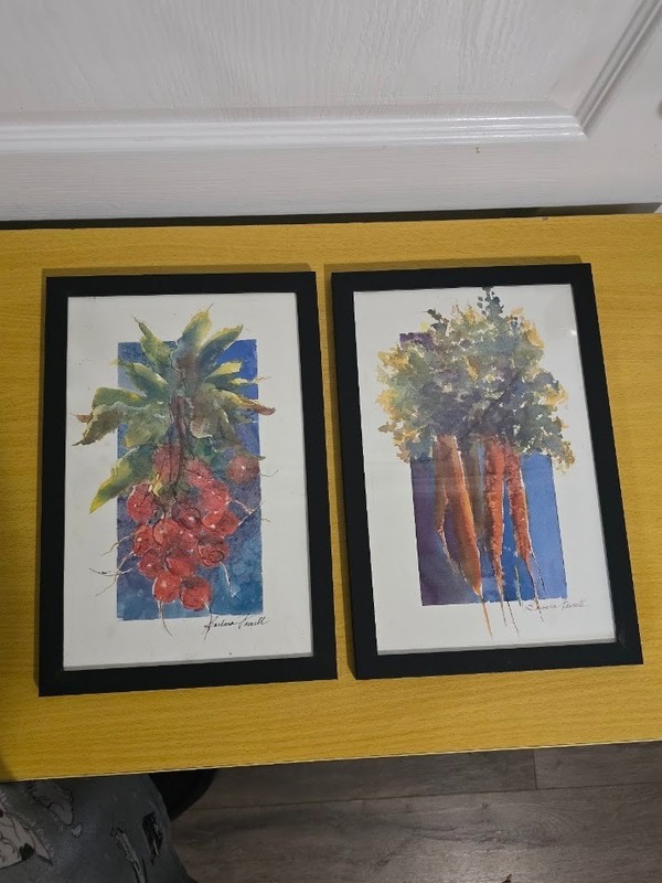Barbara Farrell Signed Original Watercolor Vegetable Art Set Radish Carrot