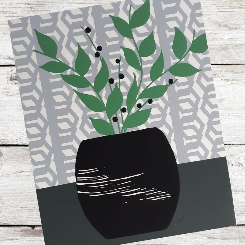 Botanical Plant Original Screen Print Home Decor Art Leaves Black Green Retro