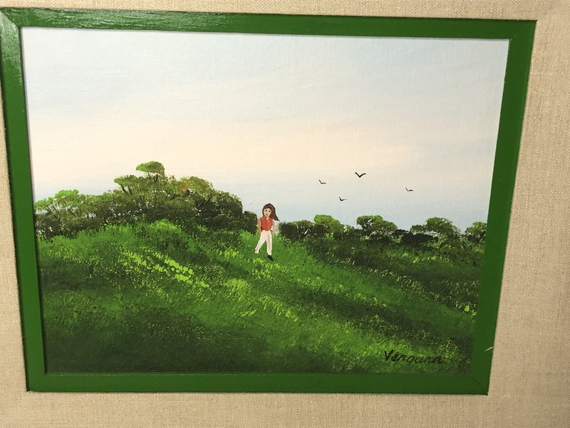 Original Vergara Acrylic On Canvas Board Painting Little Girl Grassy Hill Birds gallery