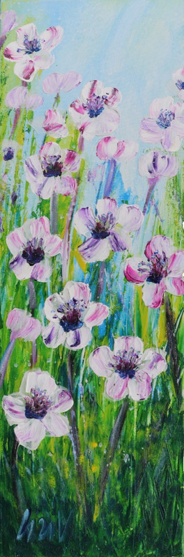 Original Anemone Painting 10×30 Textured Floral Art, Whispers of Spring
