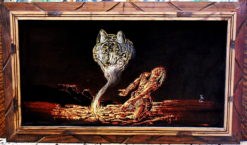 Vtg NATIVE AMERICAN WOLF Original BLACK VELVET OIL PAINTING Carved Wood Frame gallery