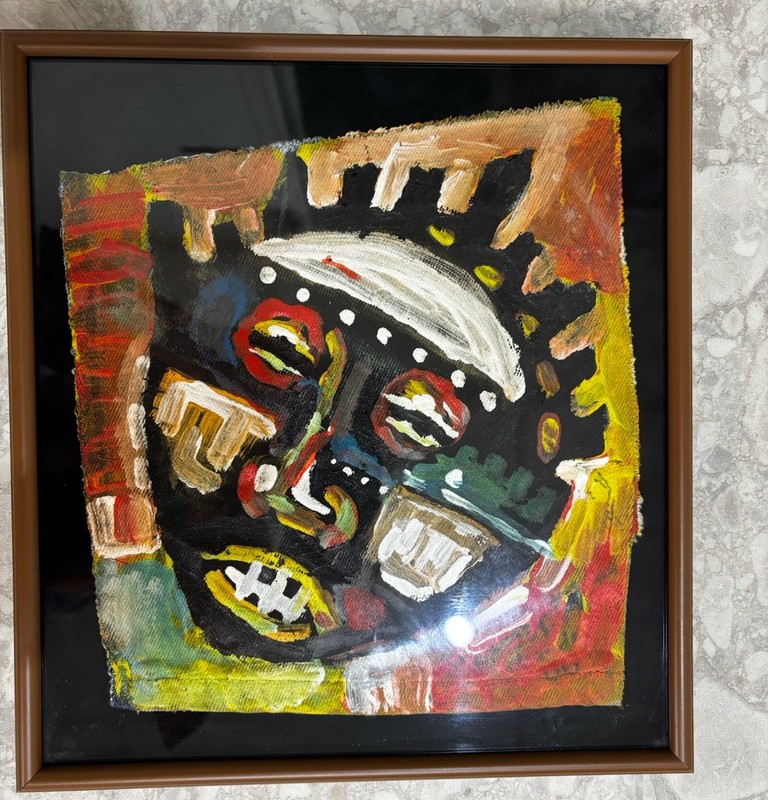 African Art Acrylic on Denim Ugandan Makerere Art Student Framed 10 inch square