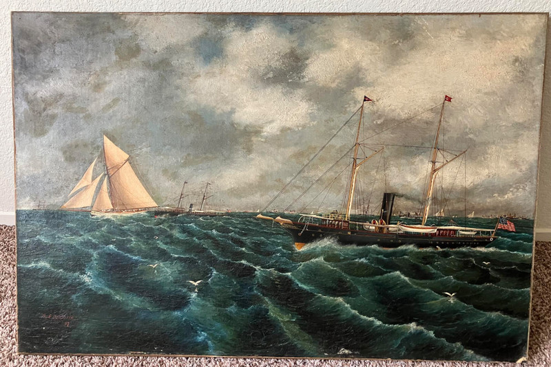 Antique 1887 Oil Painting America’s Cup Thistle