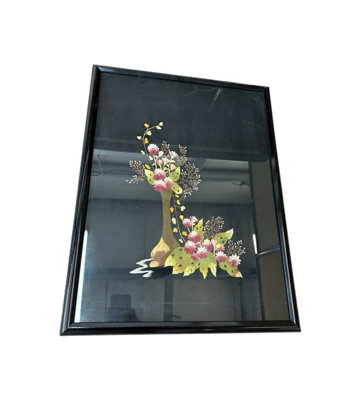 Vintage Asian Needlepoint on Black Silk Hand Made Floral Art Framed 25×19