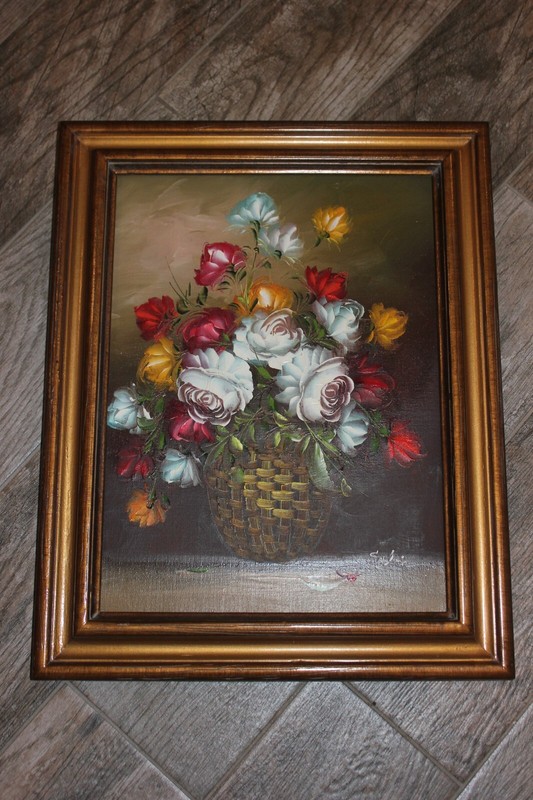 Oil Painting Red White Blue Roses Canvas Still Life Solid Wood Gold Frame Sylvia