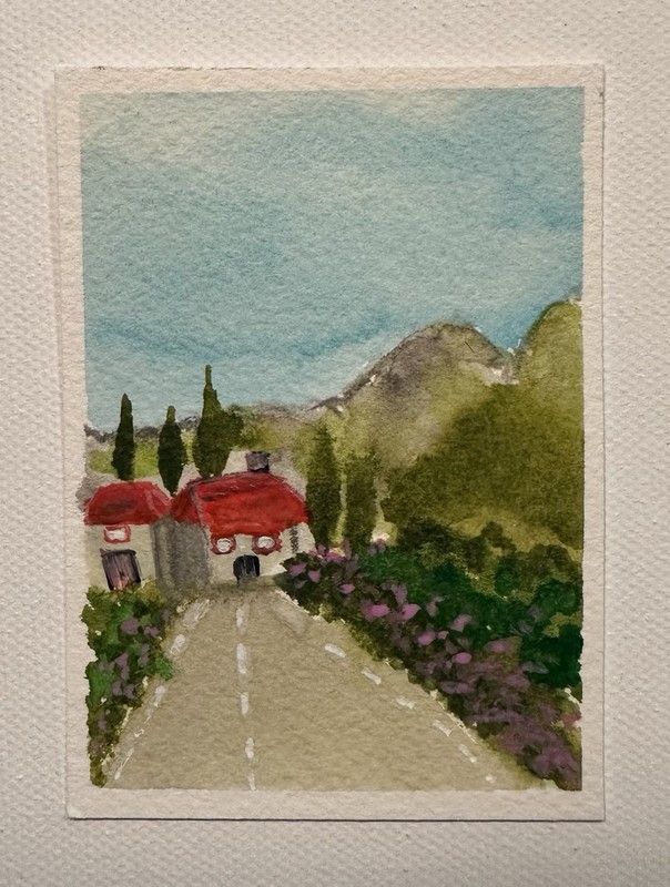 Original ACEO Watercolor Landscape Red Roof Houses Mountains Miniature Painting…