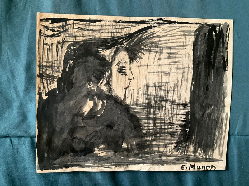 EDVARD MUNCH drawing and painting on old paper signed stamped vintage