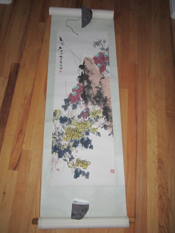 ASIAN ART WATERCOLOR – SIGNED – ON HEAVY SCROLL PAPER – 39″ X 13 1/2″ -TUB PA