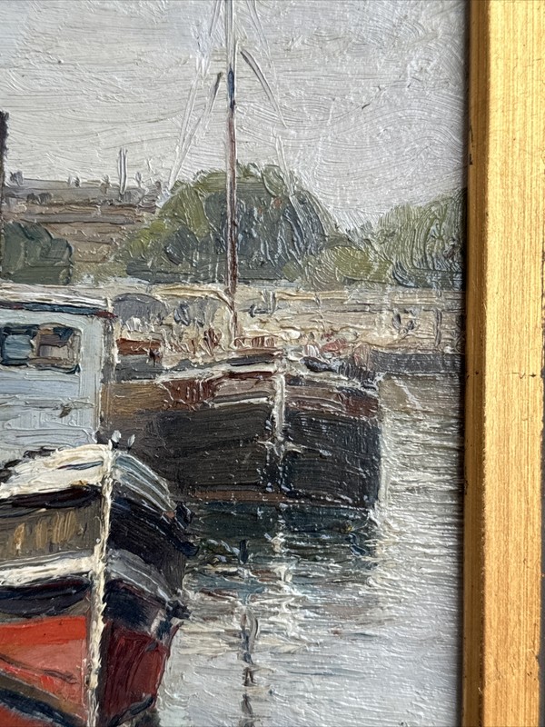 ANTIQUE PAINTING NAUTICAL FRENCH LISTED COASTAL MARINA PORT HENRI TROUSSARD OIL gallery