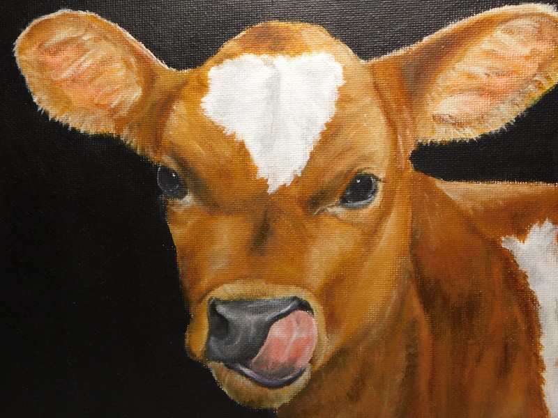 Beautiful «Cow Lick» Painting Acrylic on Canvas Signed Framed Ariel Anton