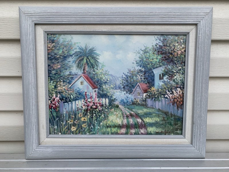 W. Hodges Original Landscape House Garden Palm Tree Flowers Oil Painting Canvas