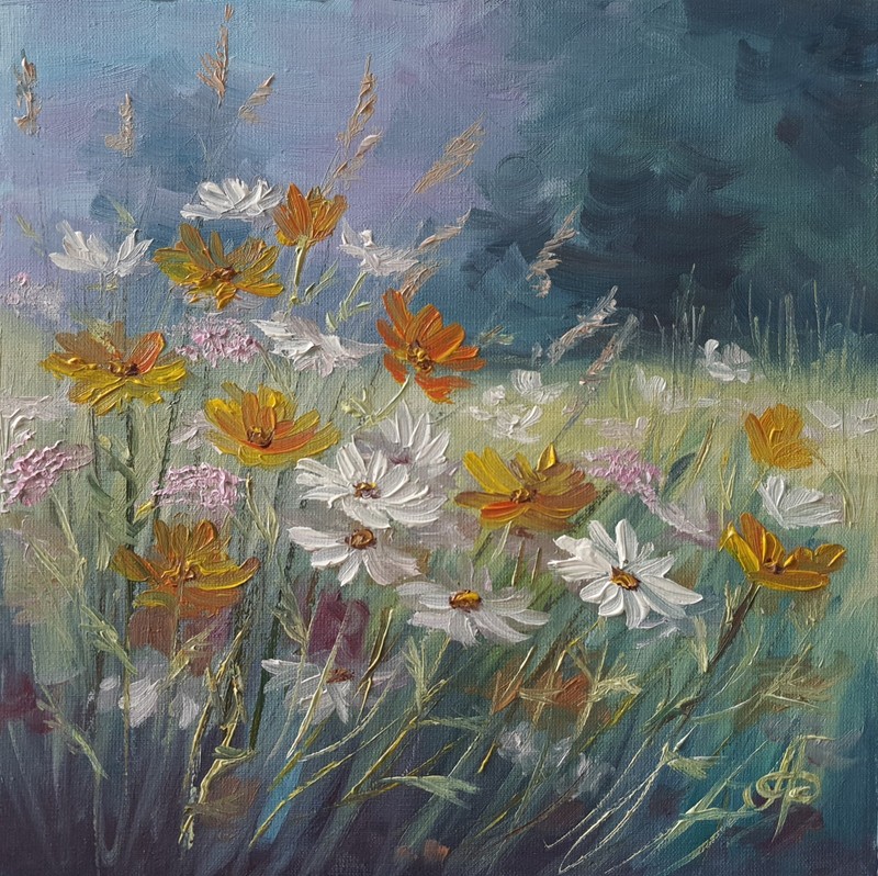 Gentle Summer Meadow Original Oil Painting Wildflowers Floral Landscape Wall Art gallery