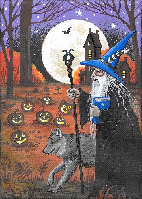 5×7 PRINT OF PAINTING RYTA WARLOCK WIZARD HALLOWEEN WOLF VINTAGE STYLE FOLK ART