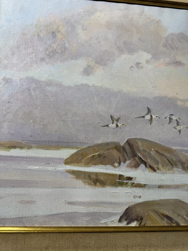 E Soousliom? "Coastal Landscape With Gulls Scene" Oil Painting - Signed/Framed gallery