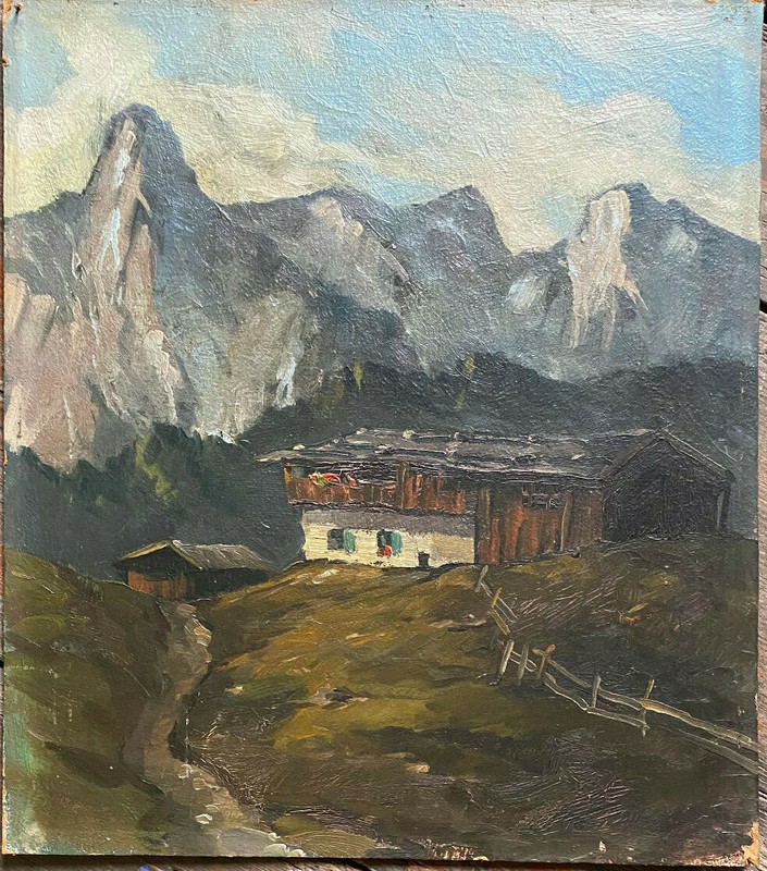 House In The Alps Mountain Farm Antique Oil Painting Alpine Peak Around 1940 Oil