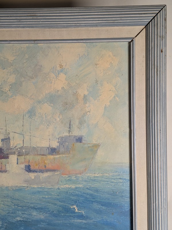 34" Vintage Huntington Beach Abstract Modern Impressionist Painting fishing boat gallery