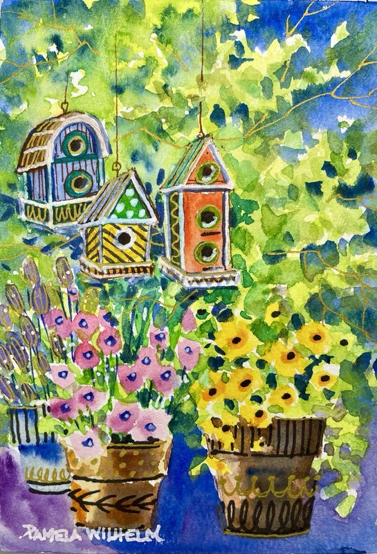 Pamela Wilhelm 5”x7”’original Ink & Watercolor Whimsical Bird house Garden
