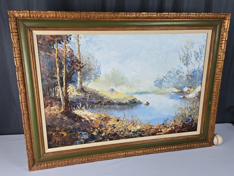 Manuel Munoz Merida, Spain original landscape w river oil painting 36" x 24" gallery
