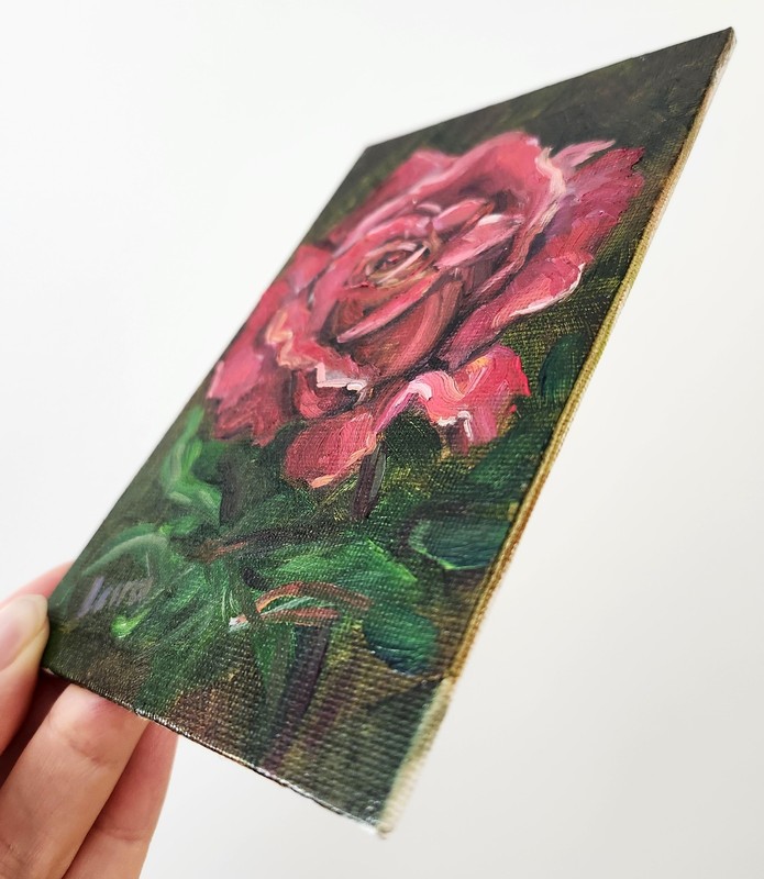 Moody Red Rose Original Oil Painting 4x6 Framed Signed OOAK Floral Art Gift gallery