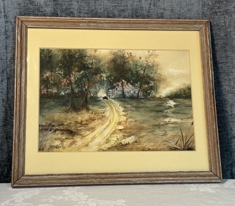 OG Watercolor Artwork Framed Old Country Lane House Car Signed Pierson 11×13 In