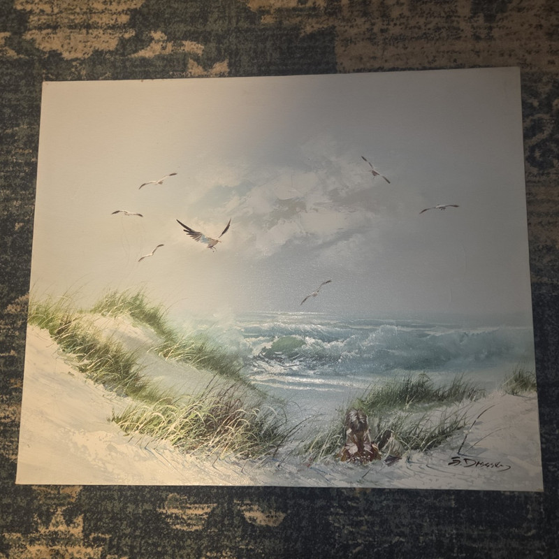 S. D. Masky Signed Seascape Beach Dunes Birds Painting Unframed