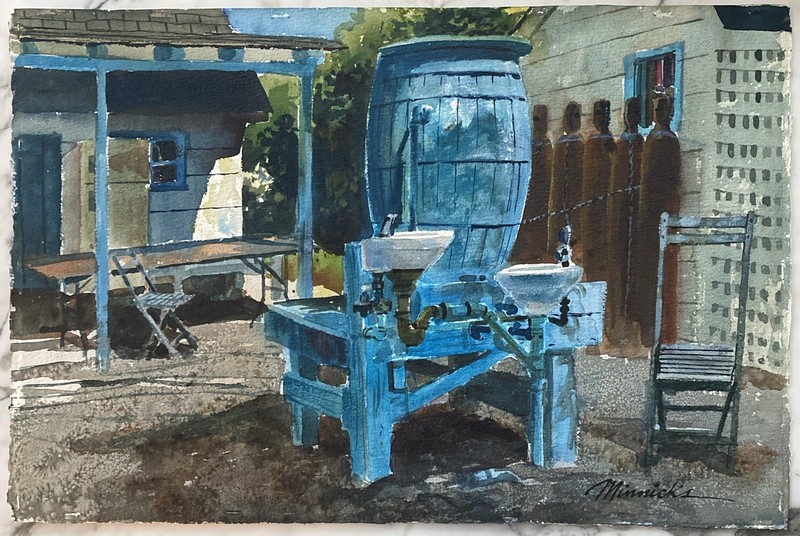 James F Minnicks (Connecticut 1927-2001) Watercooler Signed Watercolor Painting