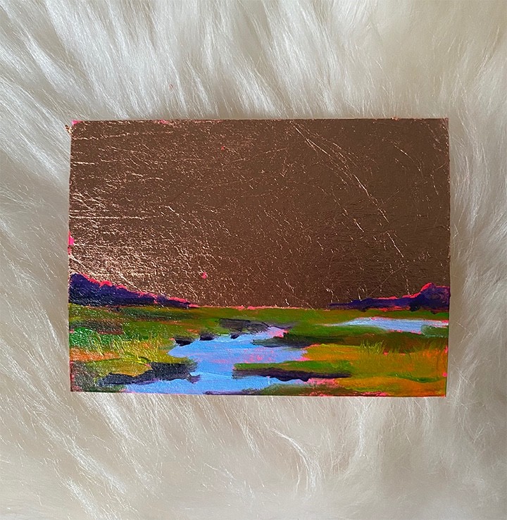 OIL Painting Electric Marsh landscape gold leaf Horizontal- ACEO ATC