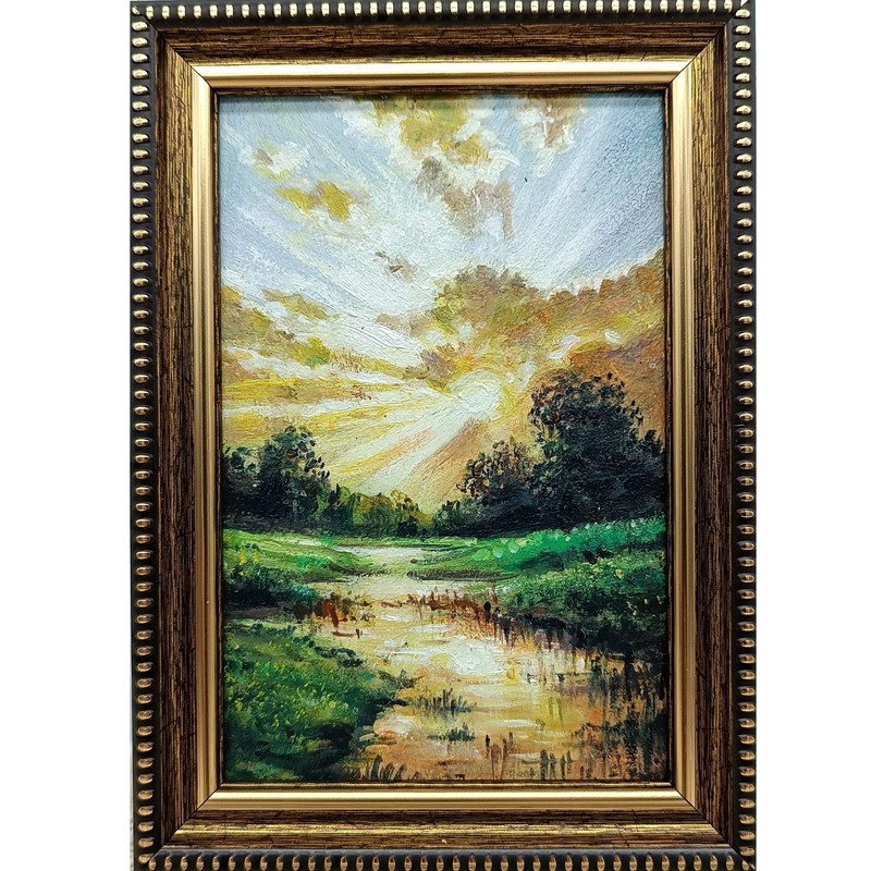 River Sunset Original Oil Painting 4×6 Framed Signed Autumn Landscape Wall Art